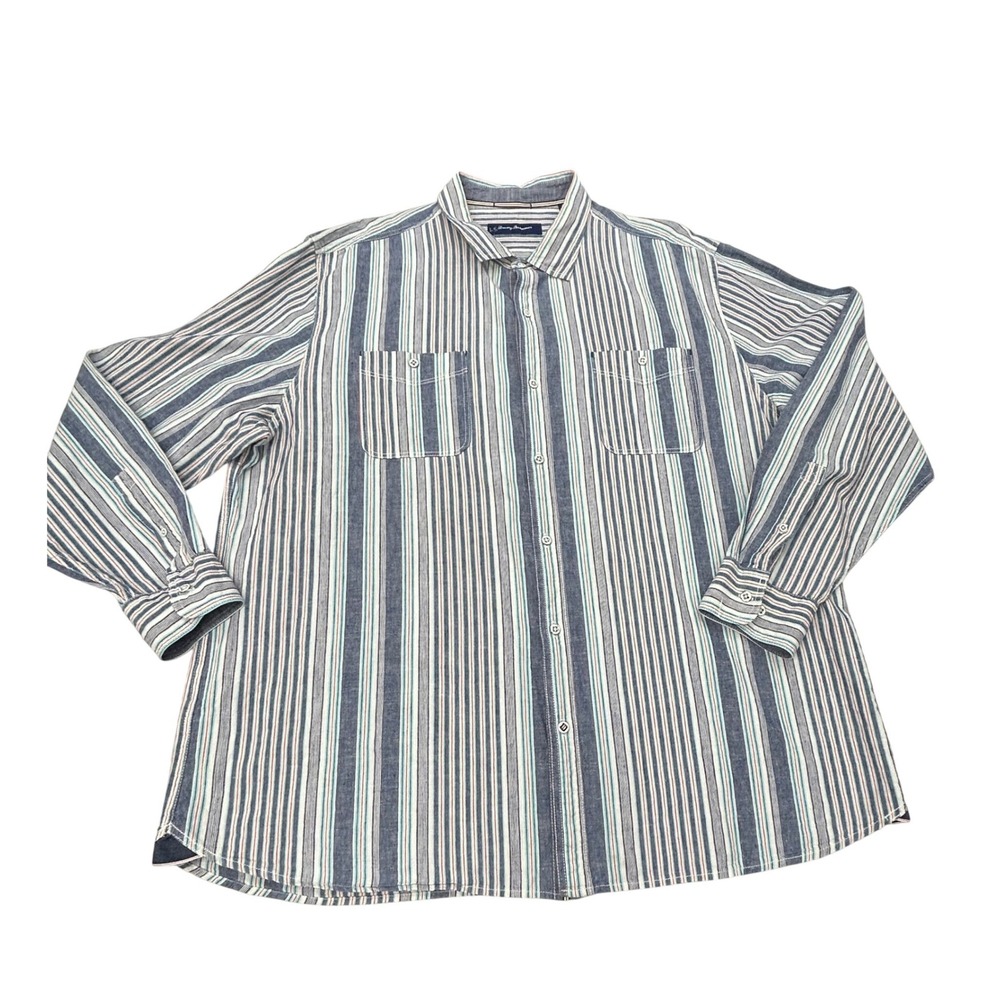 Tommy Bahama Linen Shirt Men 3XL Blue White Stripe Long Sleeve Nautical Big Tall